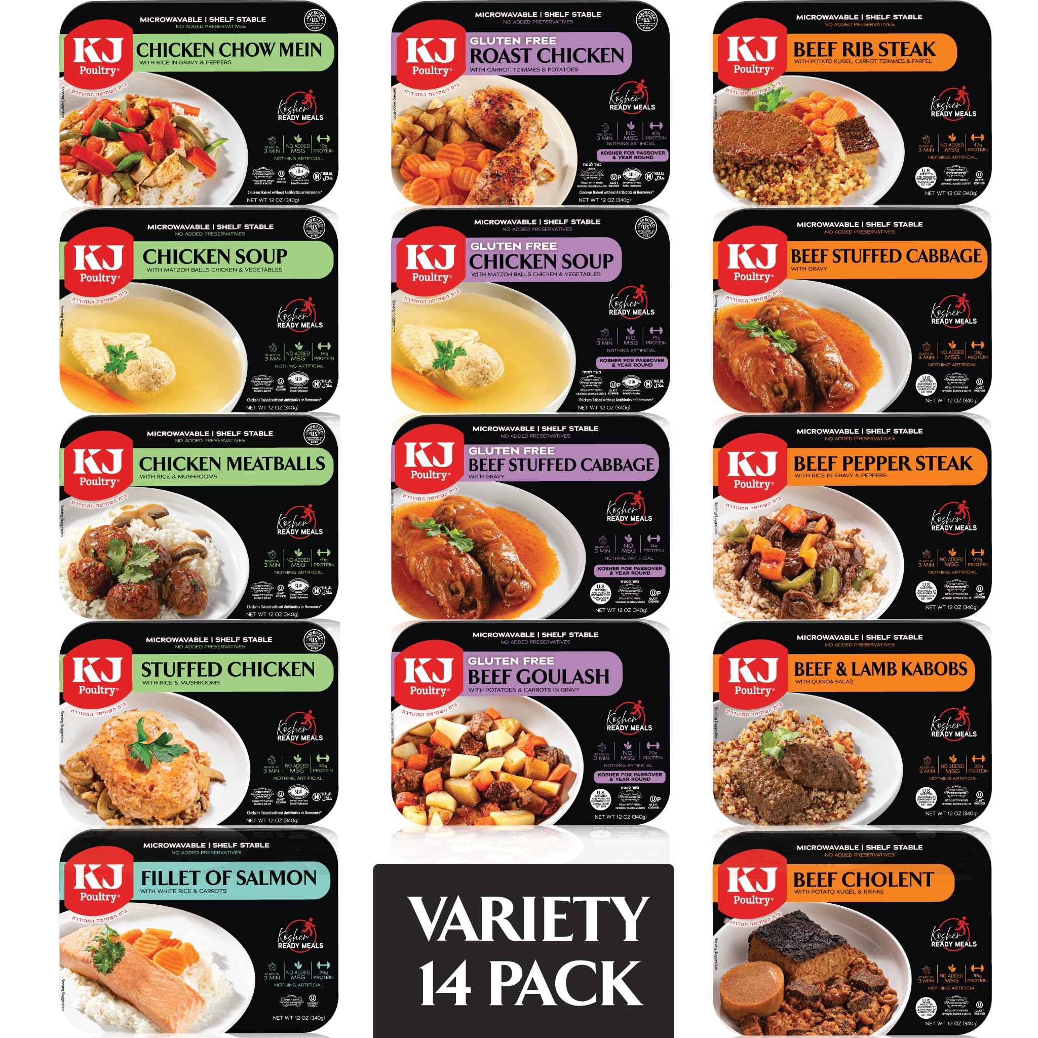 KJ Poultry Kosher Ready Meals - Chicken, Beef and Salmon Fish (14 Pack Variety) 