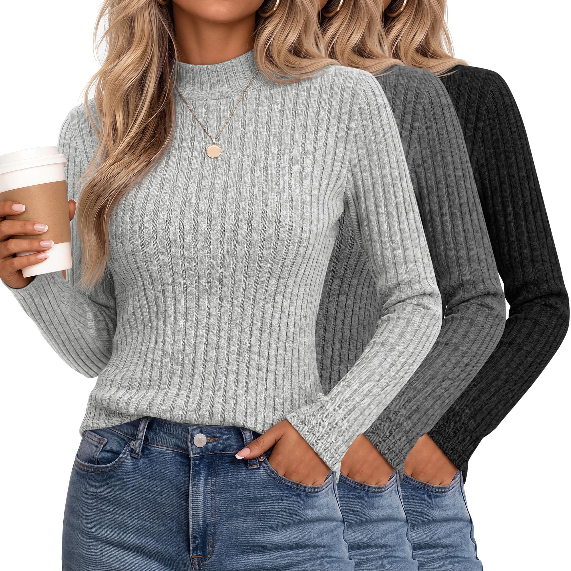 Riyiper 3 Pack Women's Mock Neck Ribbed Knit Casual Sweaters