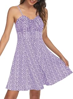 Missufe Women's Casual Ruched Front Drawstring Swing Sundress Spaghetti Strap Floral Mini Dress