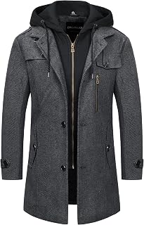 CREATMO US Men's Classic Pea Coat Wool Blend Trench Coat Windproof Business Overcoat With Detachable Hood