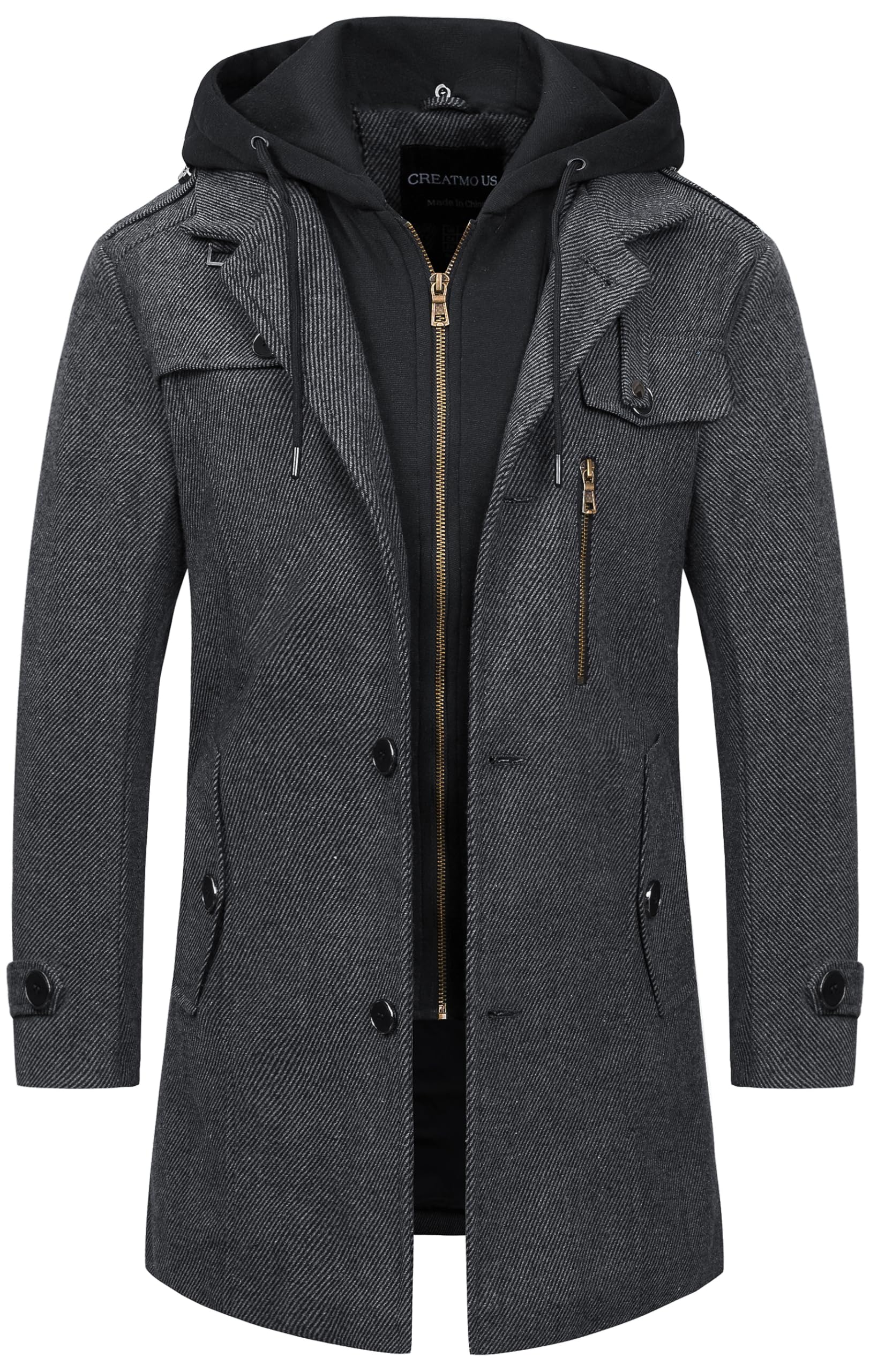 Men's Classic Pea Coat Wool Blend Trench Coat Windproof Business Overcoat With D