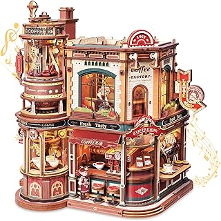 ROKR Moving Dream Coffee Factory DIY Miniature House Kit - 3D Wooden Puzzles for Adults with Music Box & LED Lights, No Glue Kinetic Model Building Kit, Unique Home Decor Gifts for Adults Women Men