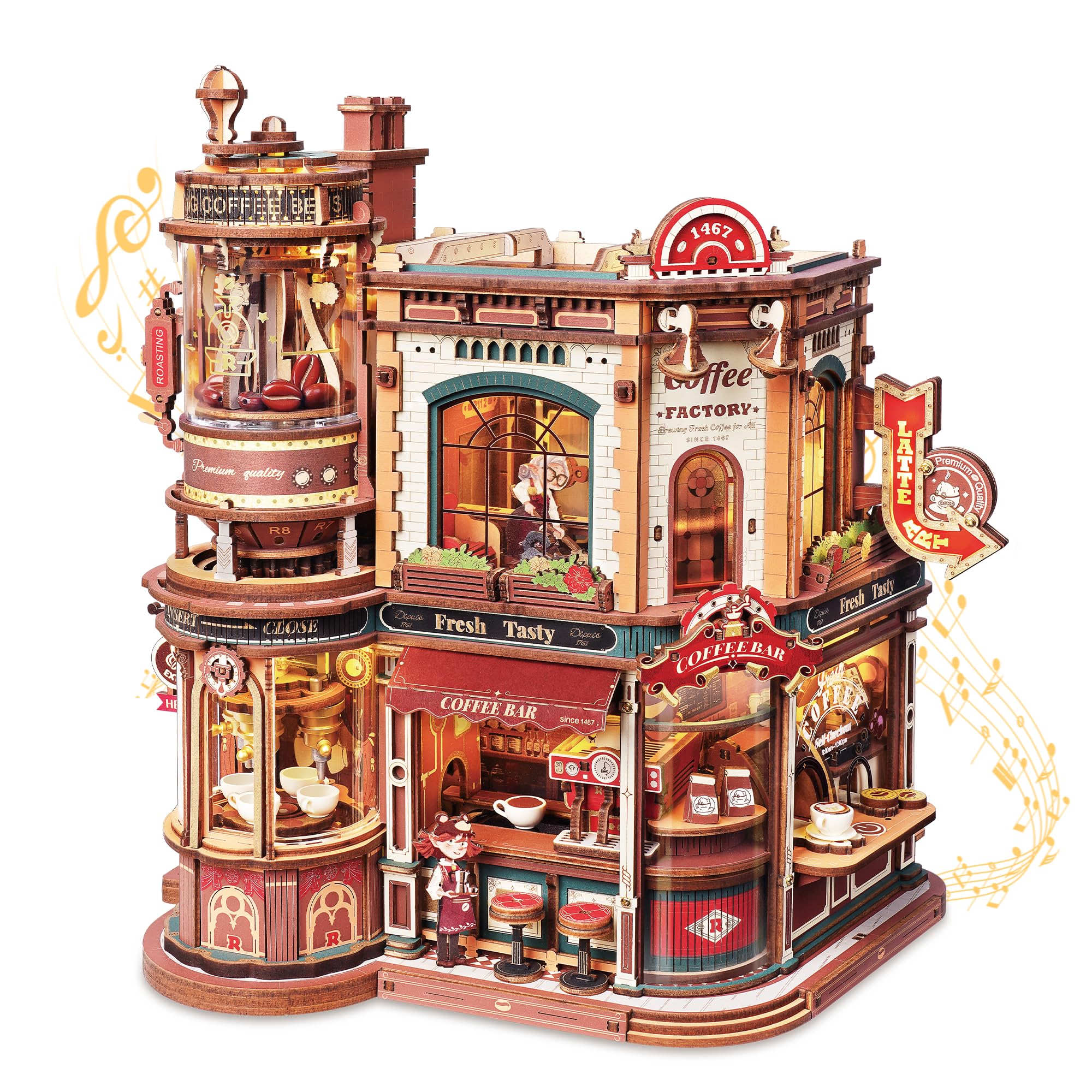 ROKR Moving Dream Coffee Factory DIY Miniature House Kit - 3D Wooden Puzzles for
