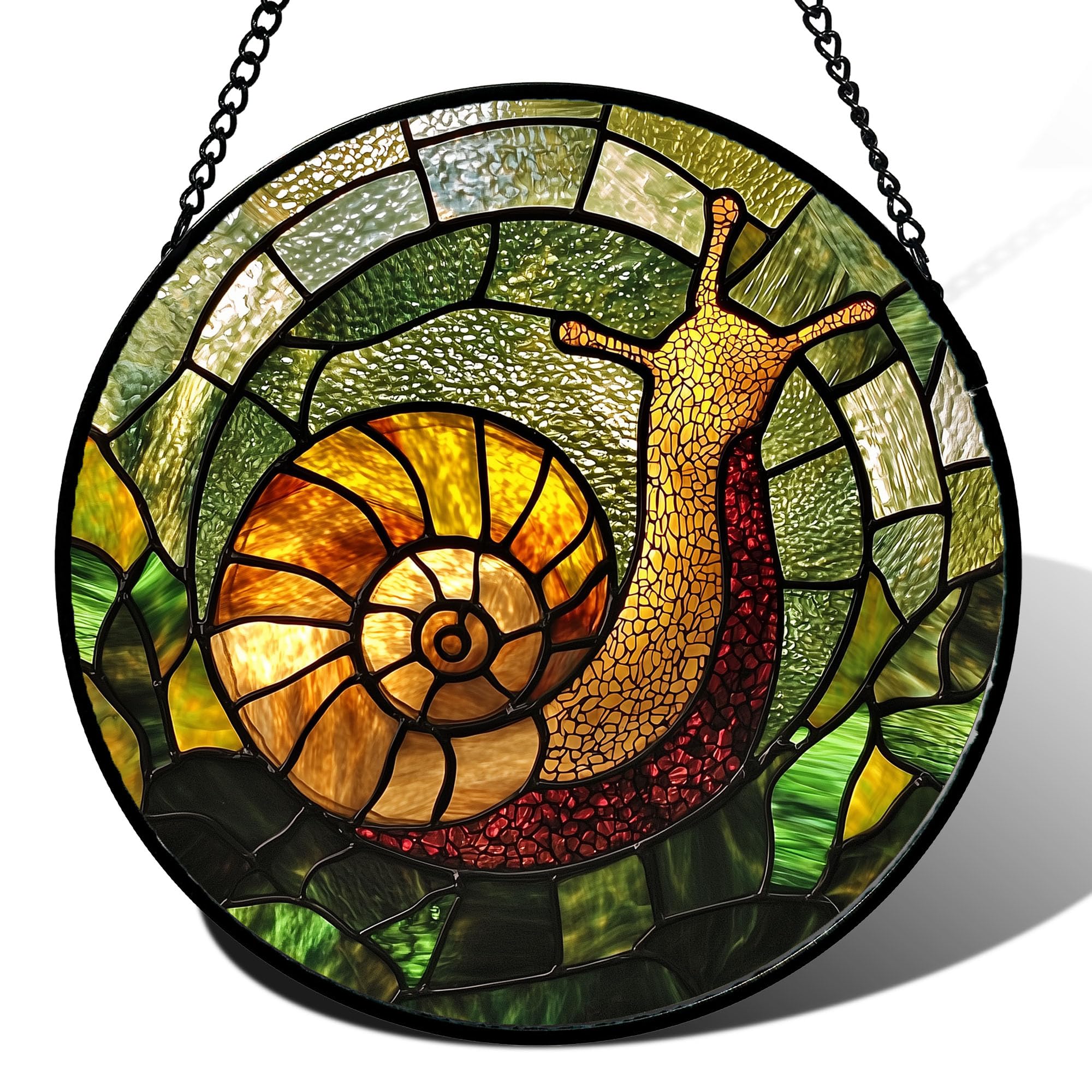 Stained Glass Window Hanging, Green Orange Snail Sun Catcher for Door Home Decor