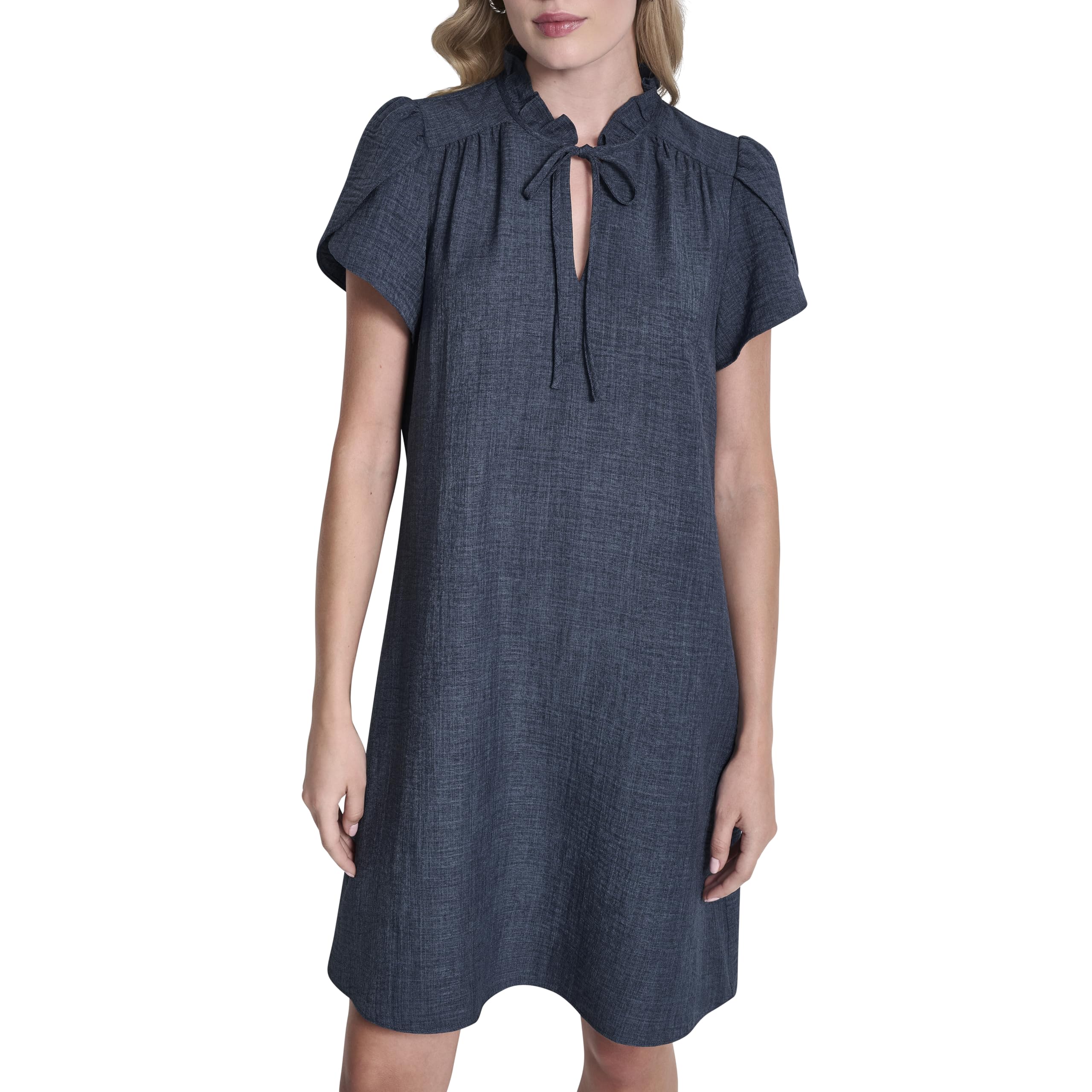 DKNY Front Tie Ruffle Neckline Trapeze Dress for Women