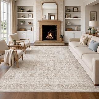 Fmfunctex 8x10 Washable Beige Neutral Vintage Large Living Room Area Rug | Non Slip Low Pile Soft Indoor Tapis Salon Throw Carpet Distressed Farmhouse Retro Floral Pattern Dining Room Bedroom Nursery