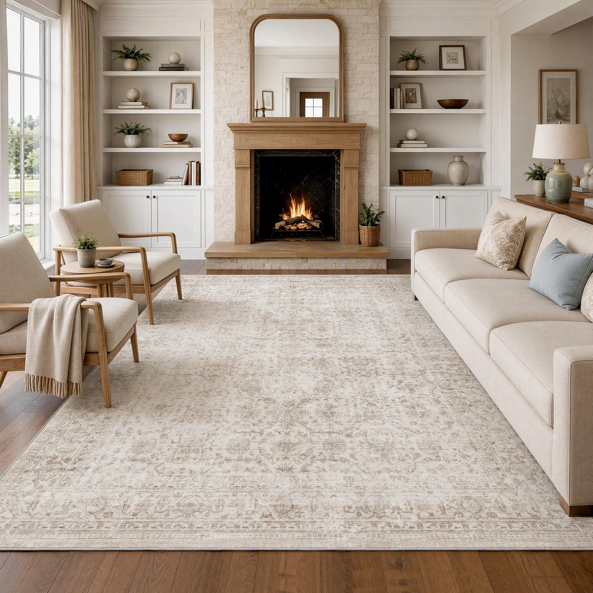Fmfunctex 8x10 Washable Beige Neutral Vintage Large Living Room Area Rug | Non S