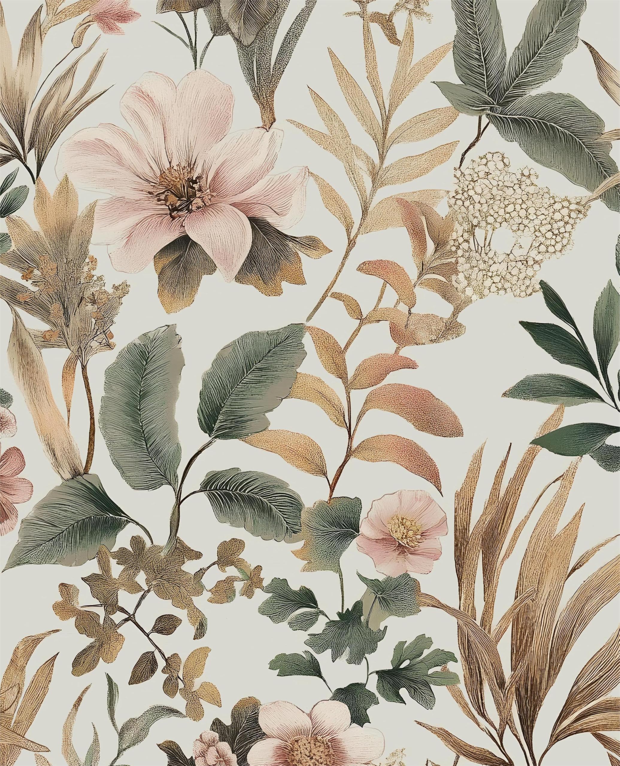 Laatse Vintage Pink Green Gold Floral Botanical Wallpaper 17.5''x118'' | Self Ad