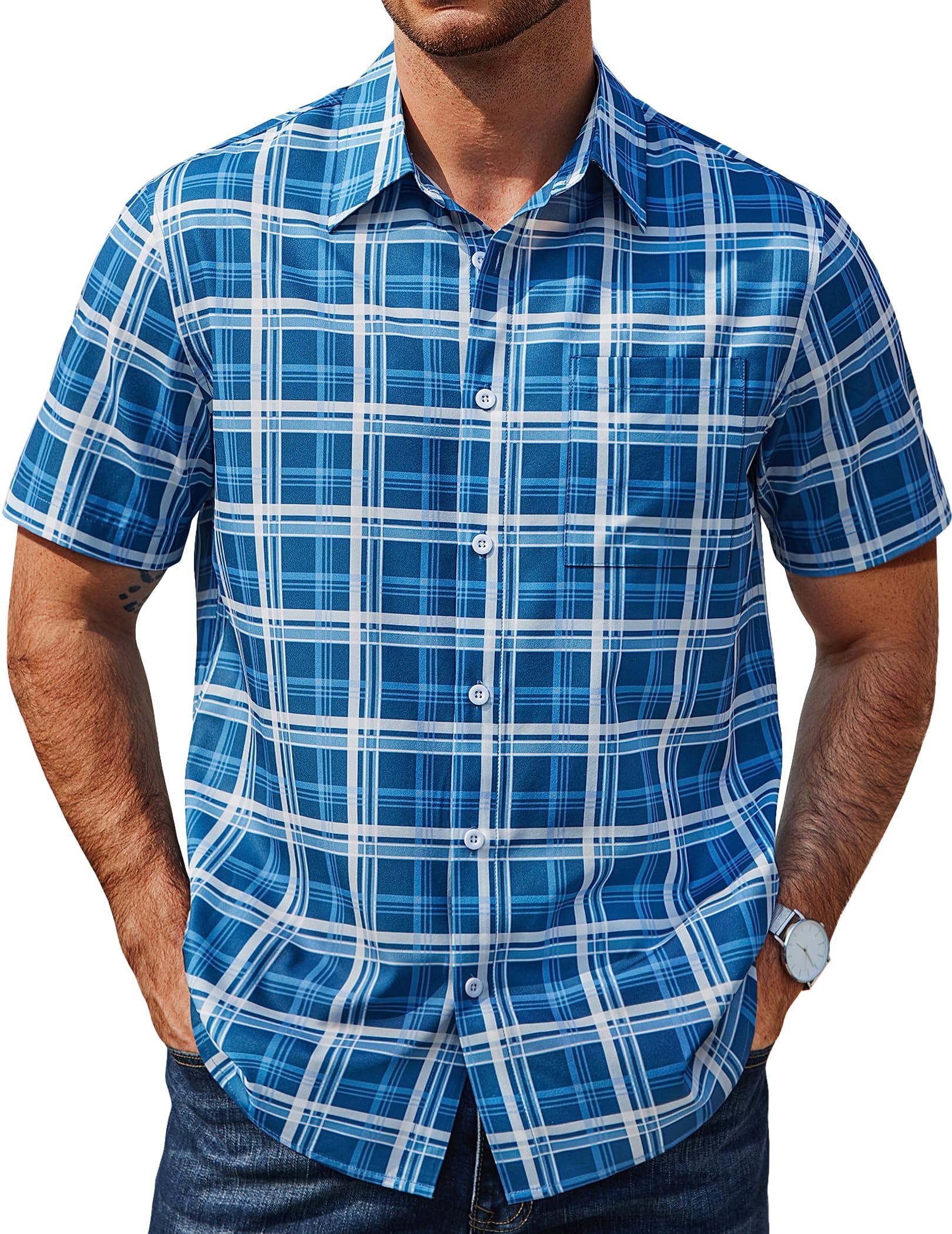 COOFANDY Mens Plaid Button Down Shirts Short Sleeve Casual Summer Shirt Wrinkle 