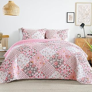 Whale Flotilla Patchwork Quilts Queen Size, Extra Soft Floral Bedspreads | Pink Reversible Lightweight Full Queen Quilt Bedding Set for Bed, Printed Coverlets with 2 Pillow Shams for All Seasons