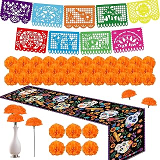 Dia De Los Muertos Decorations, Ofrenda Decorations for Altar, 2Pcs Papel Picado, Linen Mexican Table Runner, 50Pcs Marigold Garland for Day of The Dead