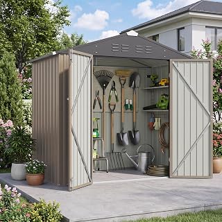 Patiowell 6x4 FT Storage Shed, Brown | Outdoor Metal Sheds, Lockable Door, Sloping Roof, Breathable Vents, Waterproof Outside Utility Shed For Patio Lawn Backyard