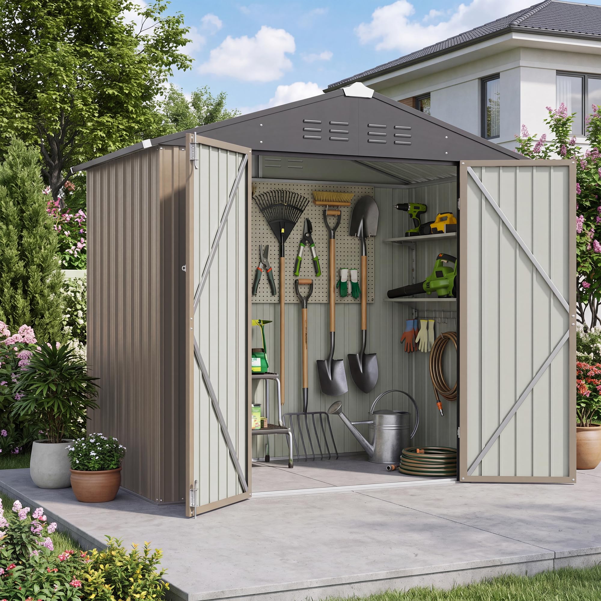 Patiowell 6x4 FT Storage Shed, Brown | Outdoor Metal Sheds, Lockable Door, Slopi