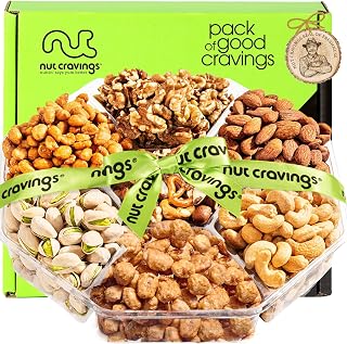 NUT CRAVINGS - Mixed Nuts Gift Basket + Green Ribbon (7 Assortments, 1 LB) Treats for Adults, Food Arrangement, Healthy Snack Care Package, Kosher