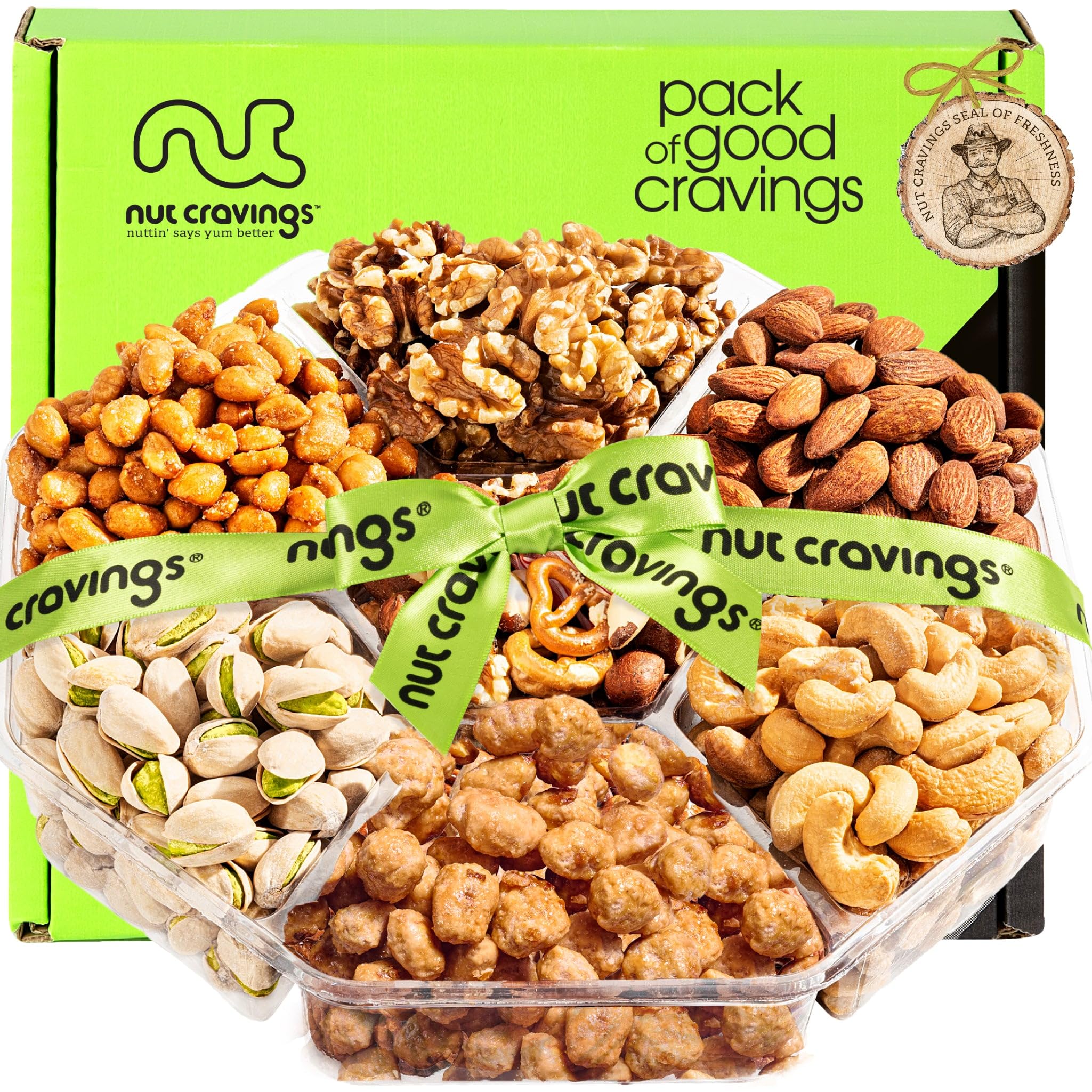 NUT CRAVINGS - Mixed Nuts Gift Basket + Green Ribbon (7 Assortments, 1 LB) Treat