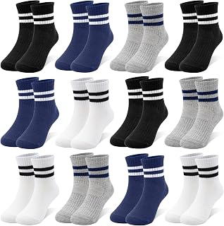 SPTRAMLE Kids Socks, 12 Pairs Boys Cotton Athletic Crew Socks 1-3 Years | Mid Cut Socks for Boys Girls Toddler, Soft & Comfortable, School, Running, Multipack, Double Stripe Design