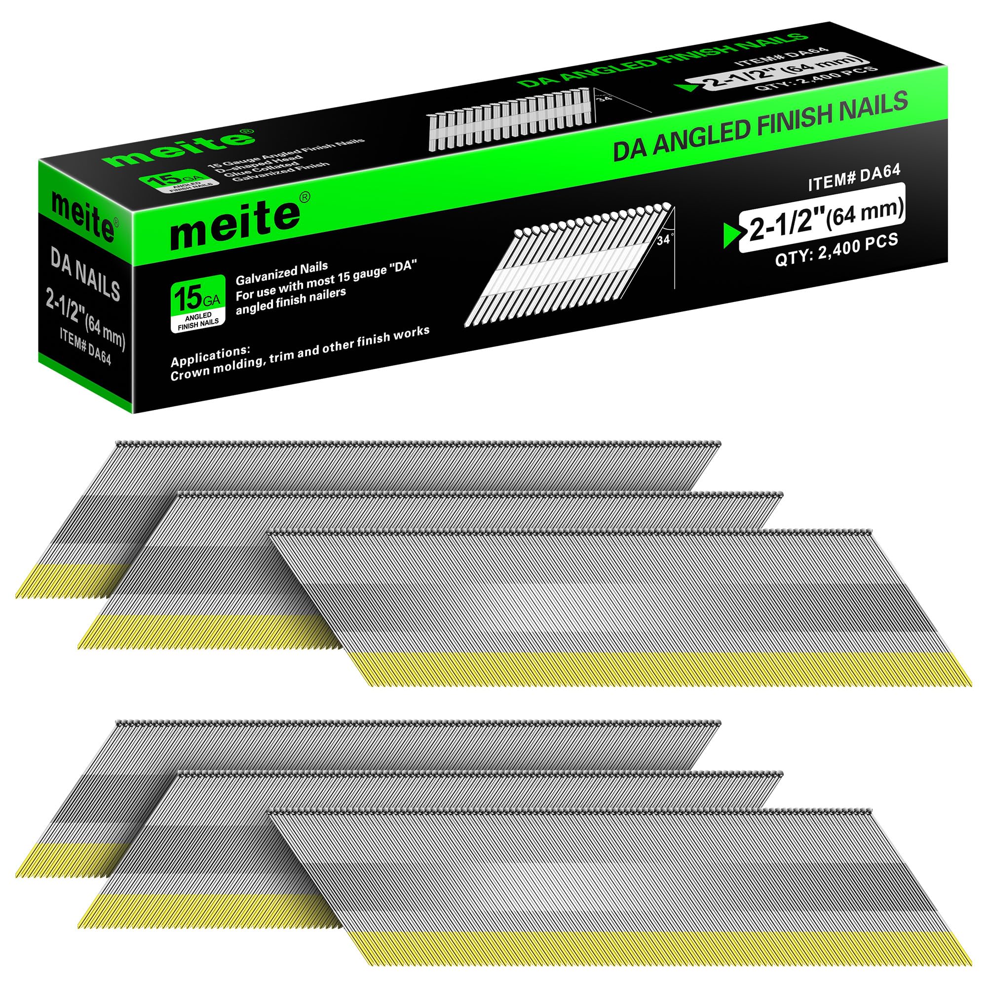 meite 15 Gauge Angled Finish Nails 2-1/2 Inch 34 Degree Galvanized 2,400PCS | Fi