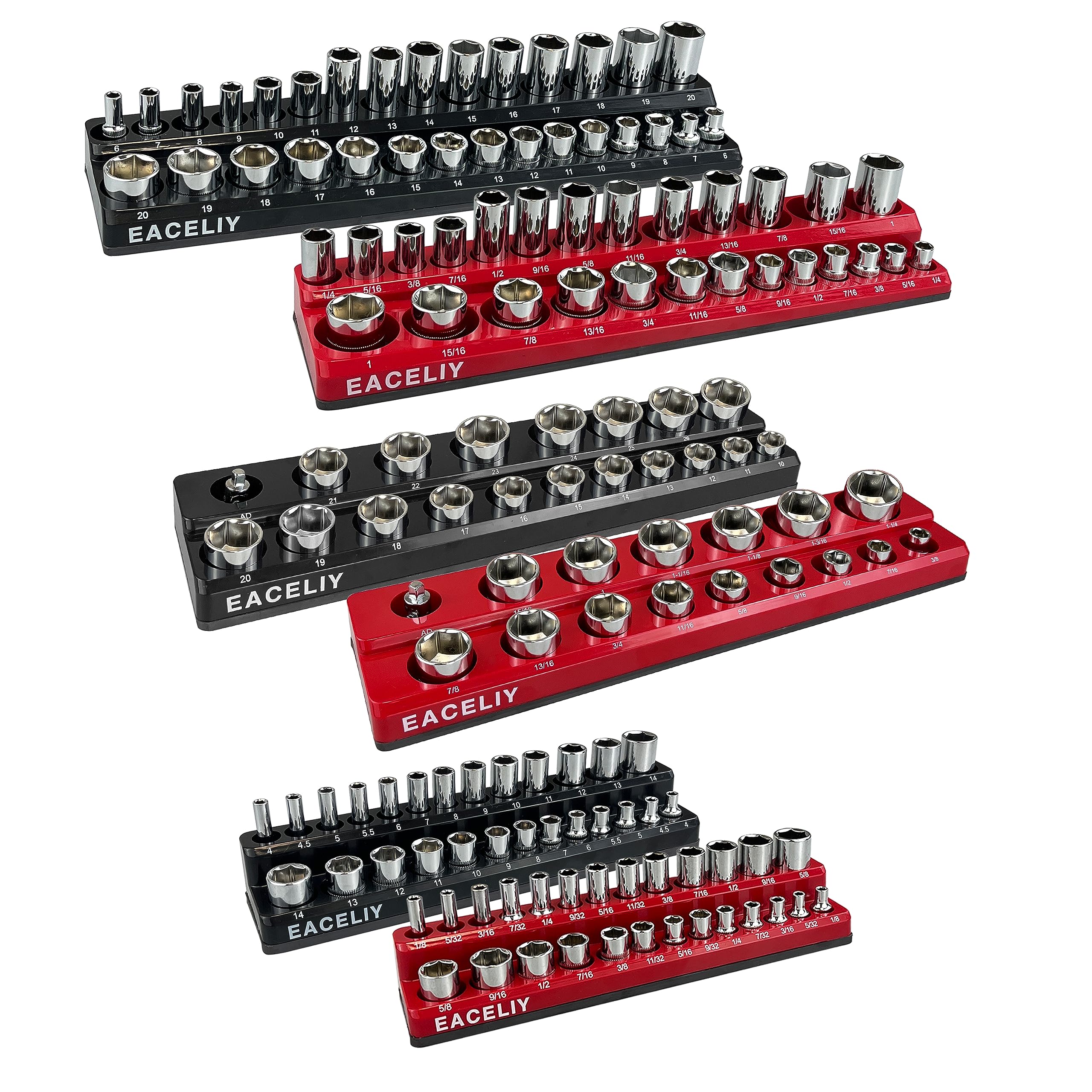 EACELIY Magnetic Socket Organizer Set, 1/2", 1/4" and 3/8" SAE & Metric Deep & S
