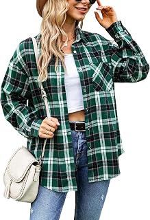 Megfie Womens Plaid Soft Button Down Flannel Shirt Long Sleeve Roll Up Plaid