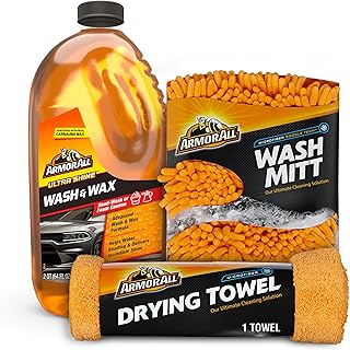 Armor All Cleaning Kit, Car Wash Soap, Wash Mitt &amp; Microfiber Towel | 3-piece car washing supplies with Ultra Shine Wash and Wax, Noodle Tech mitt, and lint-free clear coat safe towel