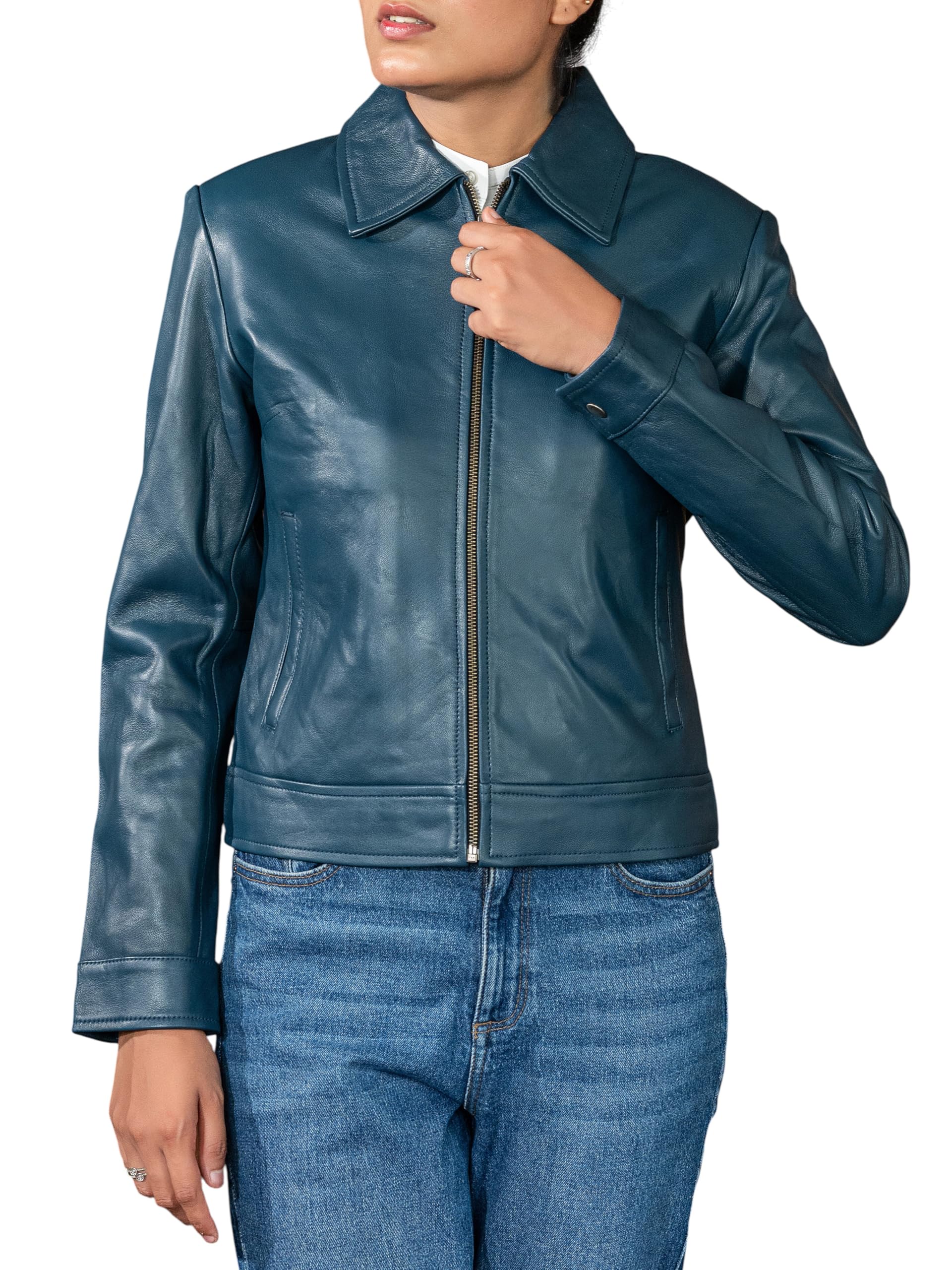 Jild Polo Collar Womens Leather Jacket - Old School Classic Everyday Wear Premiu