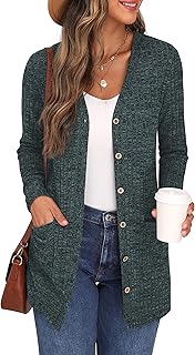 GRECERELLE Women's Long Cardigan Long Sleeve Elegant Comfortable Front Opening Buttons Pockets Sweater Lightweight V-Neck
