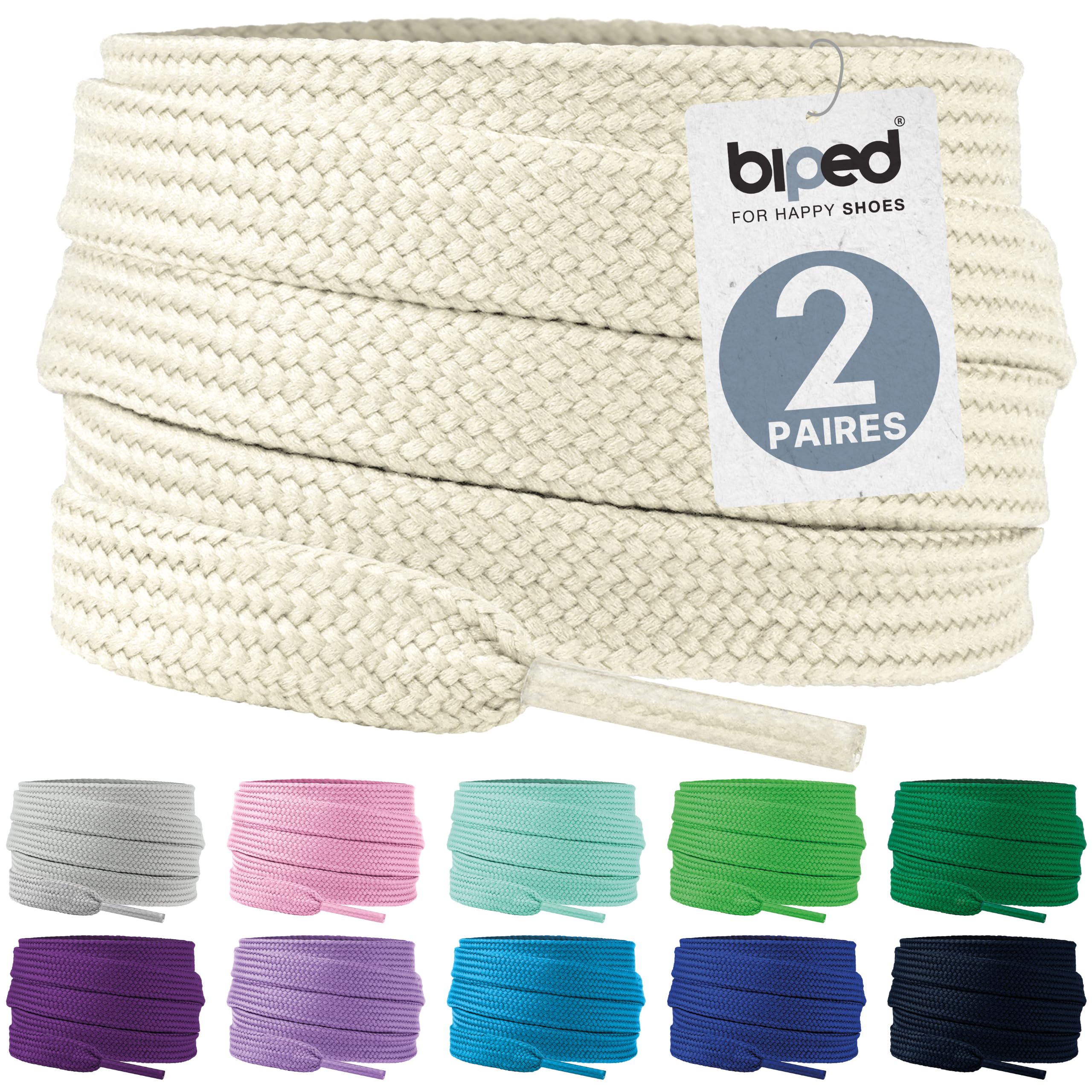 biped Laces 2 Pairs of Flat Polyester Laces, Width 10 mm, Laces for Trainers and