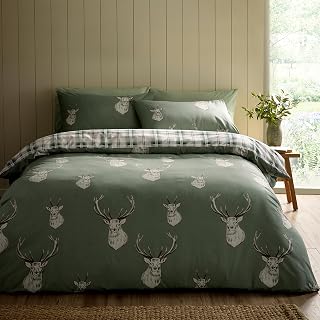 Catherine Lansfield Super King Size Reversible Duvet Cover Set With Pillow Cases - Stag Check - Light Green