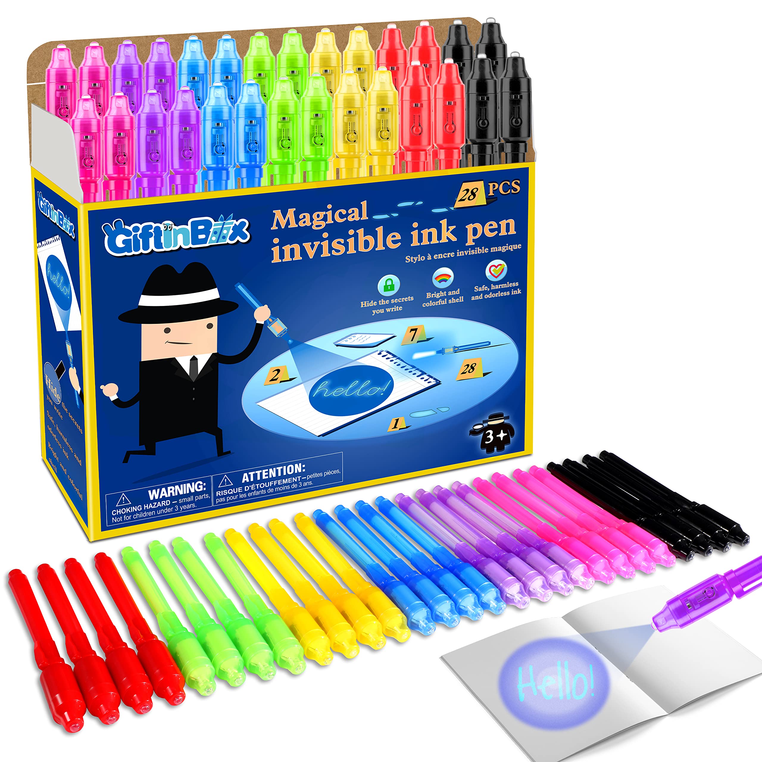 GIFTINBOX Invisible Ink Pen, 28PCS Spy Pen for Kids with UV Light Magic Marker f