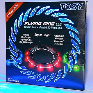 TOSY Flying Ring - 12 LEDs, Super Bright, Very Soft & Phosphorescent Rim, Auto Light Up, Safe, Waterproof, Lightweight frisbee, Cool Fun Christmas & Outdoor/Indoor Gift Toy for Boys/Girls/Kids