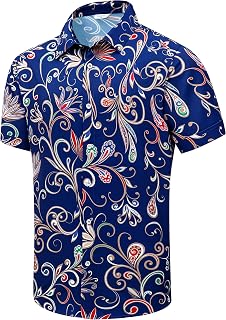 SheLucki Hawaiian Shirt for Men, Unisex Summer Beach Casual Short Sleeve Button Down Shirts, Printed Palmshadow Clothing