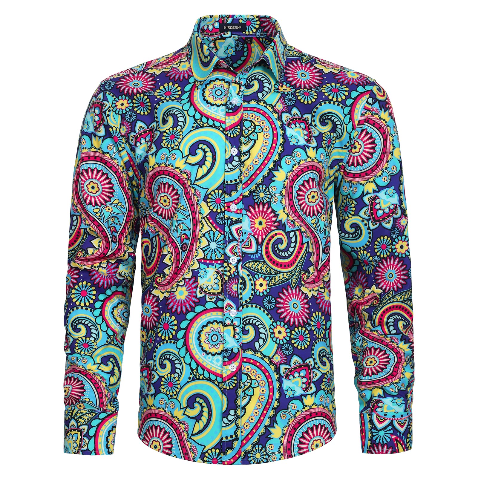 HISDERN Paisley Shirt for Men Casual Blue Floral Fancy Shirts Button Down Long S