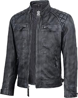 fjackets Mens Leather Jacket Moto Style Real Lambskin Leather Jacket, Quilted Cafe Racer Classic Zip Up Biker Jacket for Men