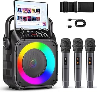 Karaoke Machine for Adults Kids, Portable Bluetooth Karaoke Speaker with 3 Wireless Microphones System with Lights, PA System for Home Party Supports USB/TF/REC/FM/AUX(No Screen Included)