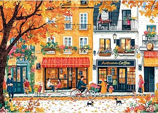 Puzzles for Adults 1000 Pieces, Coffee Shop Romantic Autumn Street Puzzles | Colorful Fall Street Puzzles with A-F Letter on Back & Reference Poster, Stress Relief Gift for Family Games Home Decor