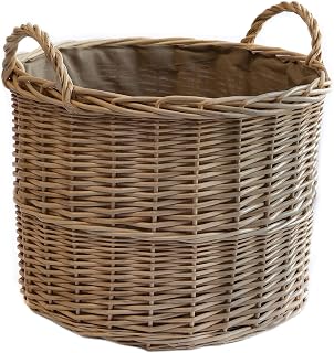 Arthur Cameron Circular Round Wicker Log Basket with Lining and Handles (Medium, Light Grey)