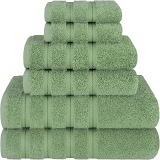 American Soft Linen 100% Carde Cotton 6 Piece Towel Set, 590 GSM Heavy Weight Soft Absorbent Turkish Towels for Bathroom, Sage