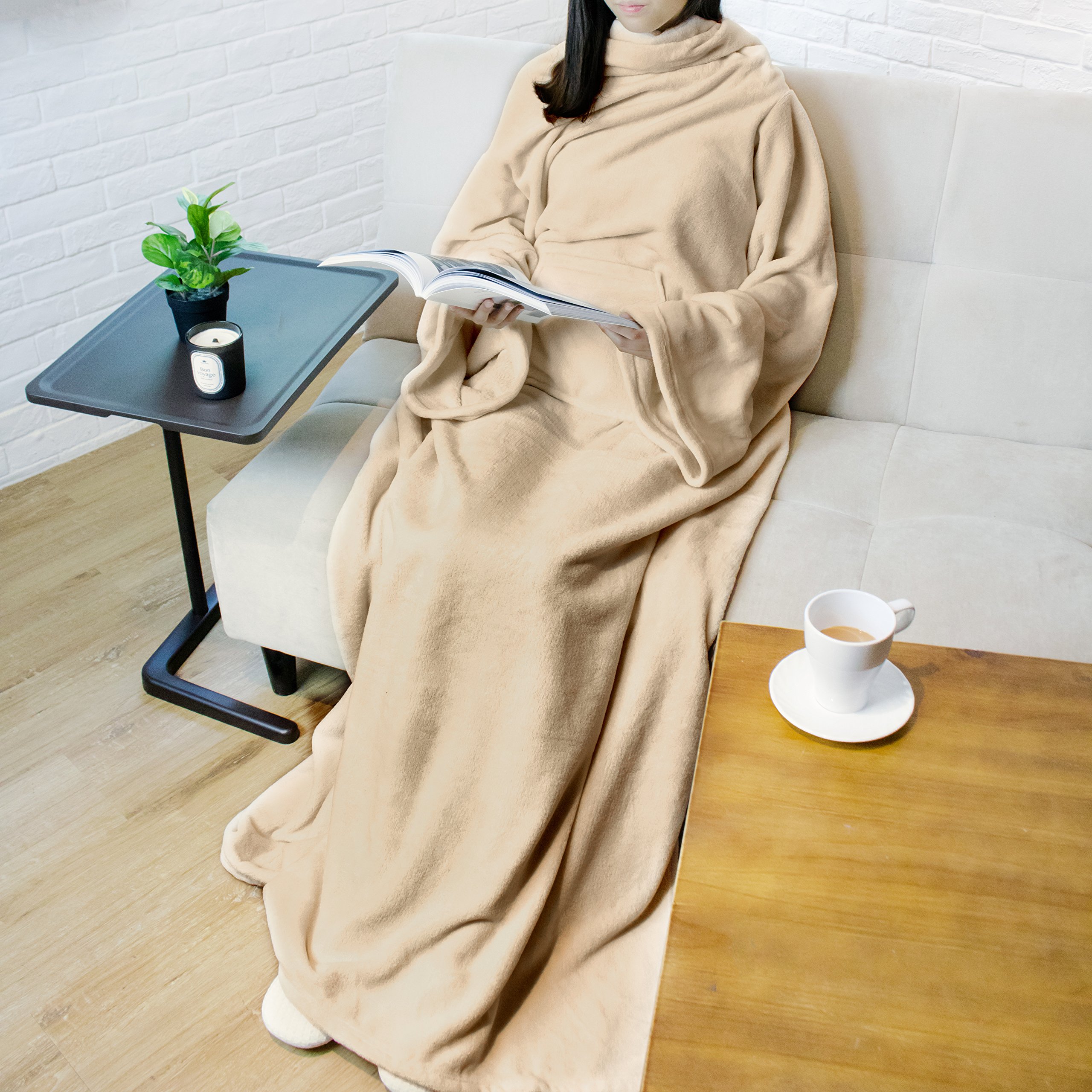 PAVILIA Blanket with Sleeves for Adult Women Men, Soft Warm Wearable Blanket Fle
