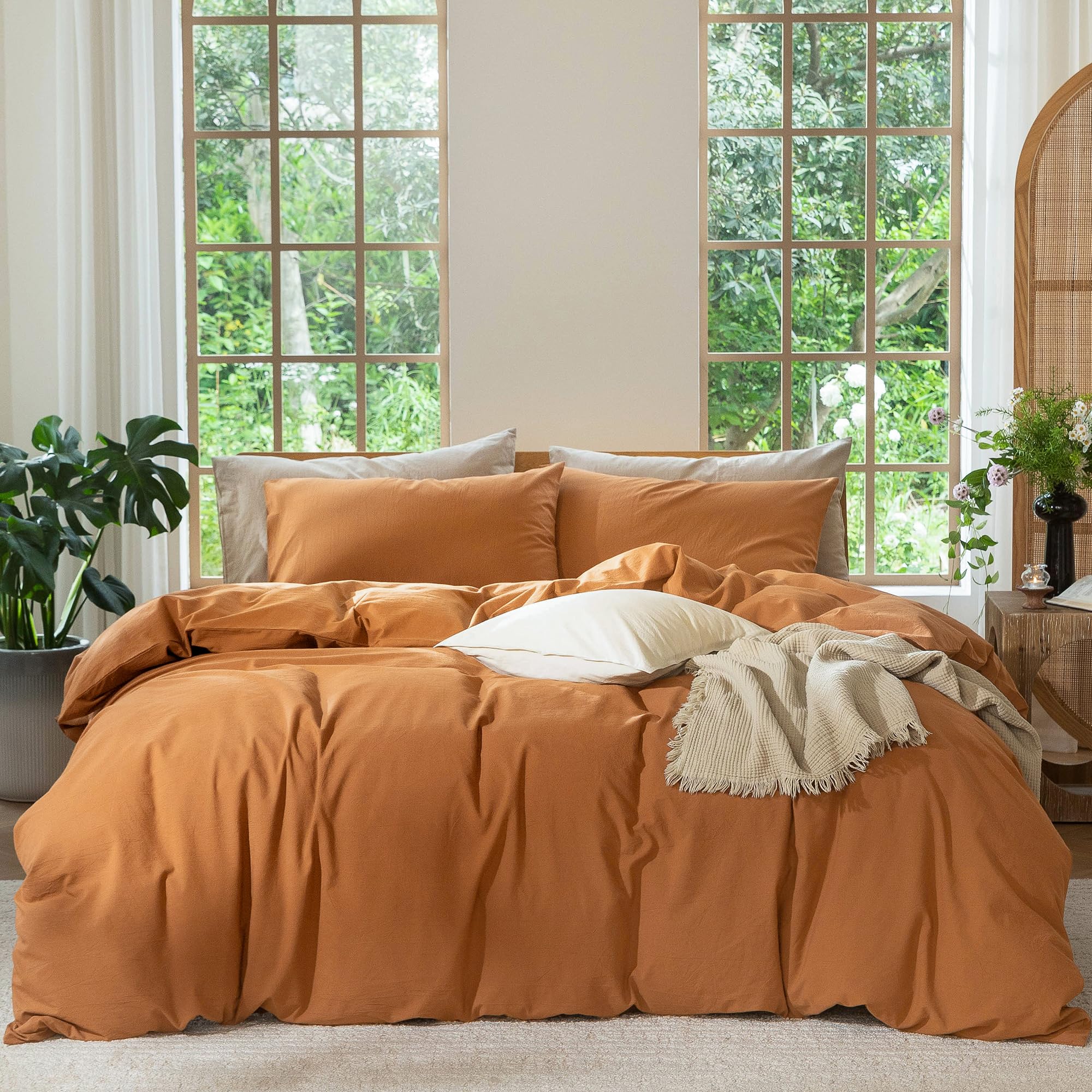 MooMee 100% Washed Cotton Linen Effect Bedding Set with Duvet Cover Set, Breatha