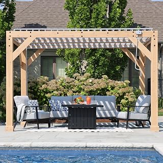 Yardistry 10 x 12 Meridian Louvered Room, Wooden Frame with Aluminum Louvered Panels with Gutter System and Hand Crank