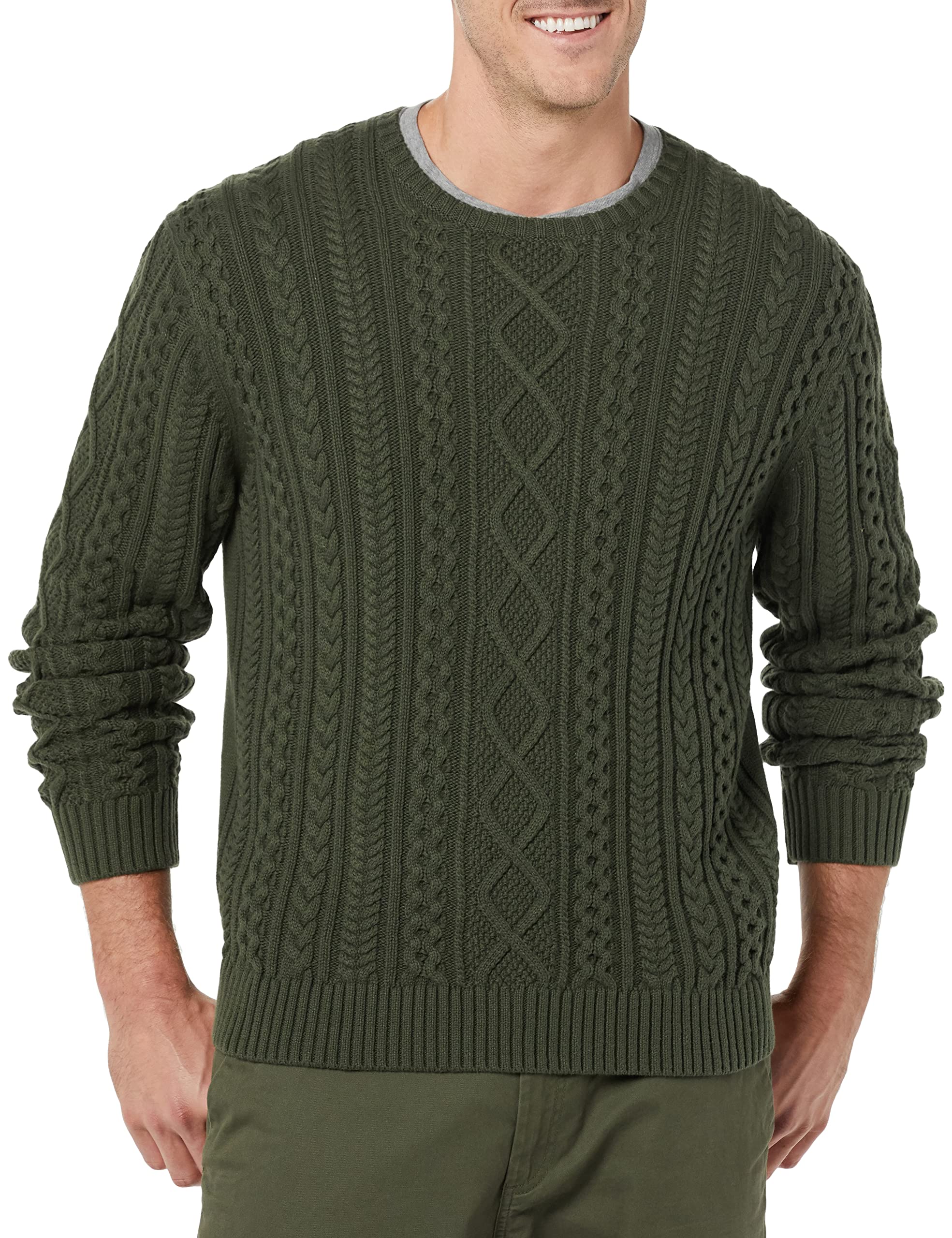 Amazon Essentials Men's Long-Sleeve 100% Cotton Knitted Fisherman Cable Crewneck