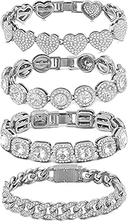 shopbyskyler 4PCS Gold Bracelets for Women Silver Clustered Tennis Bracelet for Women Heart Round Diamond Cuban Bracelet Layered Link Bracelet Set Fashion Jewelry for Women Set