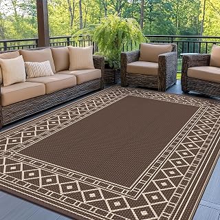 GENIMO Outdoor Rug, Waterproof Plastic Rugs for Patio, 5'x8' Coffee Beige | Outside Large Modern Carpet Mat for Porch Decor, Deck, Balcony, Camping, RV, Backyard, Picnic, Beach, Reversible, Foldable