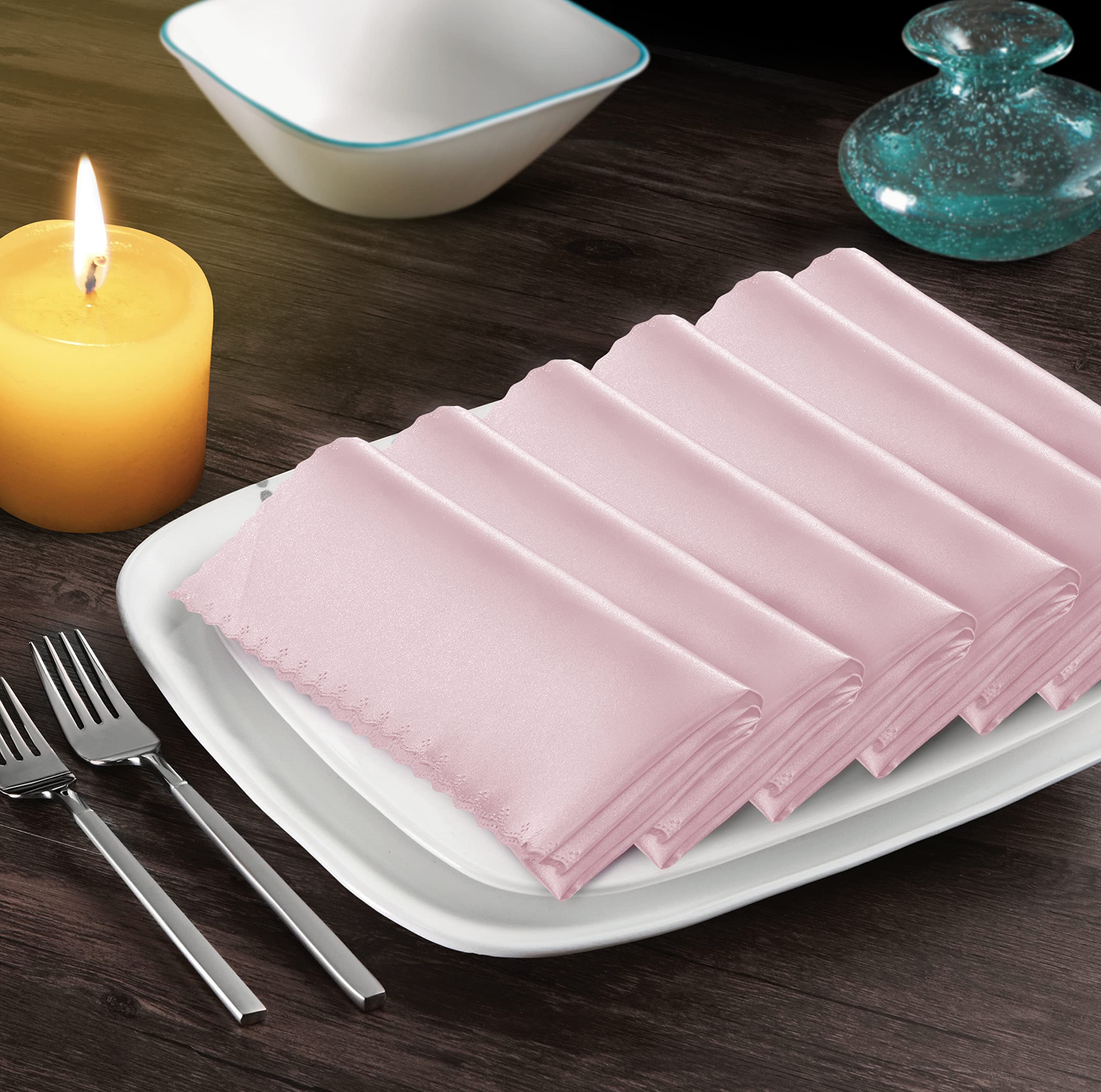 Manyshofu 6 Pieces Blush Pink Satin Scalloped Napkins - 18x18 Inches Square Sati