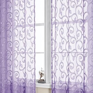 OWENIE Furman Sheer Curtains 72 inches Long for Bedroom Living Room 2 Panels Set, Clip Jacquard Light Purple Semi Sheer Curtains with Design, Light Filtering Rod Pocket Curtain, 40Wx72L inch