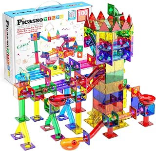 PicassoTiles 100 Piece Marble Run Set, Magnetic STEM Toy, Marbles, Ages 3+ | BPA-free ABS plastic, smooth edges, curved slopes, U-turns, funnels, self-directed play, sequencing, focus, shared creativity