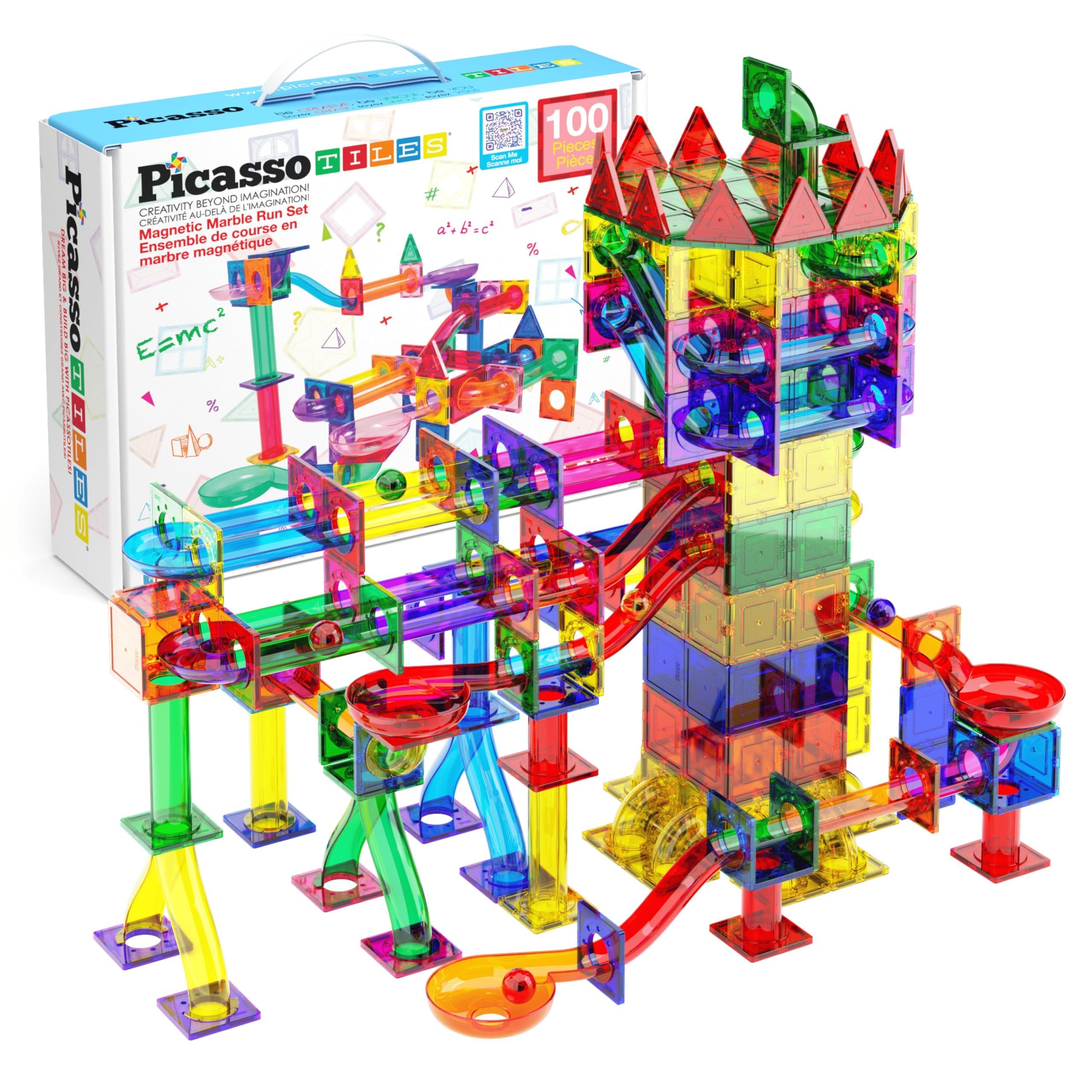 PicassoTiles 100 Piece Marble Run Set, Magnetic STEM Toy, Marbles, Ages 3+ | BPA
