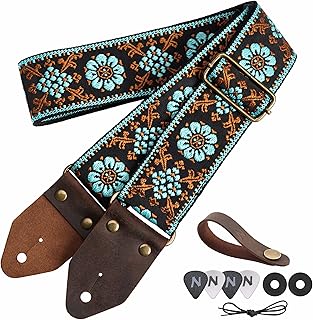 Nefelibata Guitar Strap,Jacquard Embroidery Cotton Guitar Straps with Crazy Horse Leather Ends for Bass, Electric & Acoustic, Best Gifts for Kids, Guitarists(Blue flower embroidery)