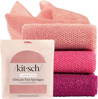 Kitsch African Net Sponge – Exfoliating Body Scrubber – Berry Pink, 3 Pcs | for Cleansing &amp; Gentle Daily Exfoliation – Stretchable Bath Sponge for Hard-to-Reach Areas – Long-Lasting Shower Essential