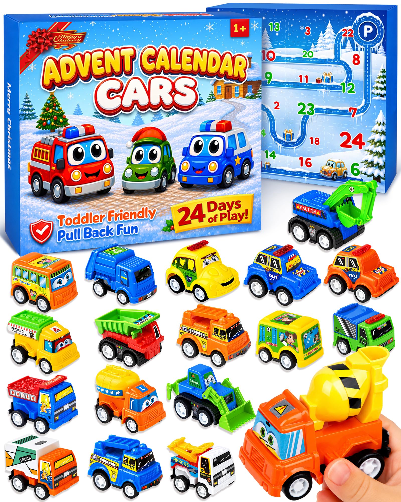 Car Advent Calendar 2026 for Toddlers, 24 Pull Back Vehicles with Playmat | Made